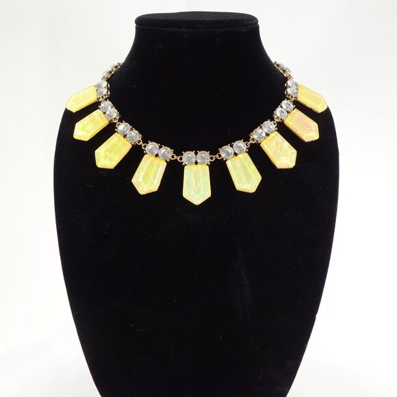 Vintage‎ Yellow Opalescent Geometric Bib Necklace With Clear Crystal Accents - Picture 2 of 7